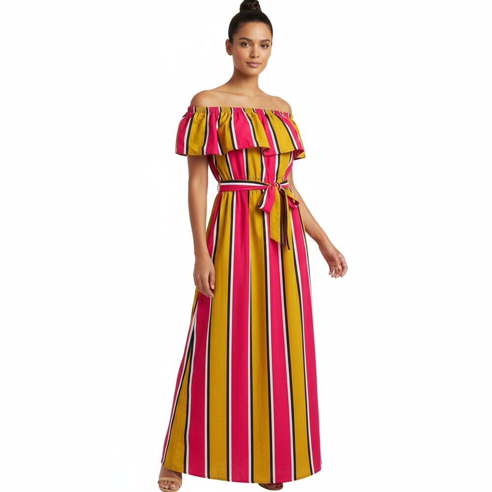 Forever 21 Balearic Beach Collection Yellow Pink Stripes Maxi Dress, L